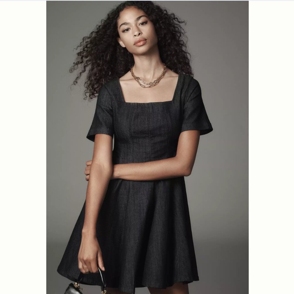 Anthropologie Pilcro Short-Sleeve Square-Neck Denim Mini Dress Babydoll NWT XS